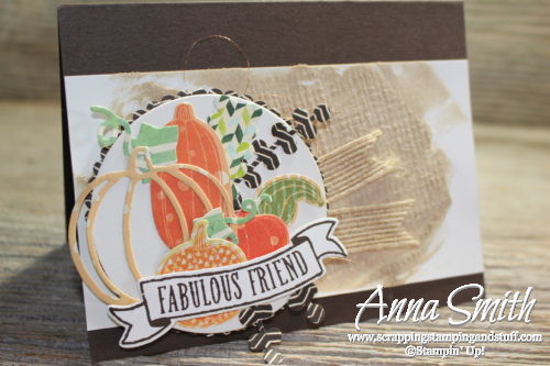 Fall card idea made with Stampin' Up! Patterned Pumpkins thinlits, features a burlap textured embossing paste technique with video tutorial