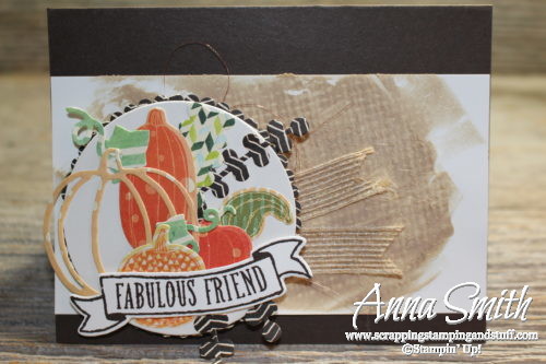 Fall card idea made with Stampin' Up! Patterned Pumpkins thinlits, features a burlap textured embossing paste technique with video tutorial