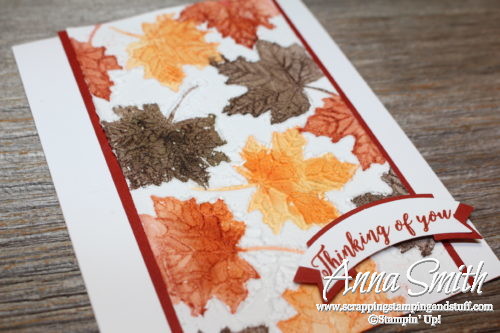 A fall leaves card with a lot of texture. Features the Stampin' Up! Colorful Seasons stamp set and a unique stamped embossing paste technique.