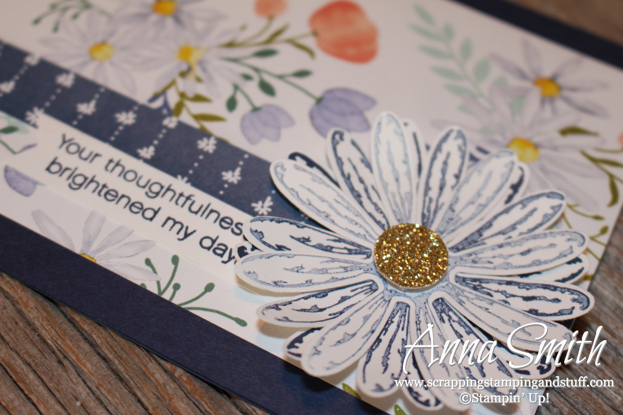 Pretty floral thank you card using Stampin' Up! Daisy Delight stamp set, daisy punch, and delightful daisy designer paper.