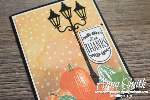 Fall card idea with lantern, gourds and pumpkins. Features Stampin' Up! Gourd Goodness and Labels to Love stamp sets and Christmas Lamppost Thinlits