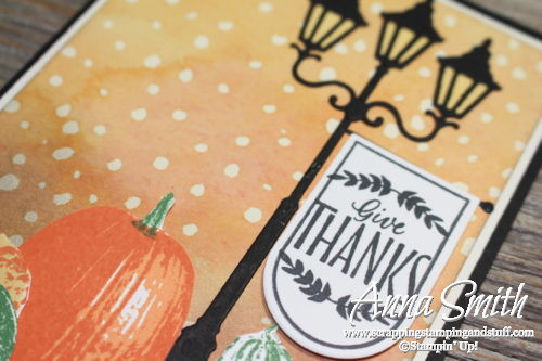 Fall card idea with lantern, gourds and pumpkins. Features Stampin' Up! Gourd Goodness and Labels to Love stamp sets and Christmas Lamppost Thinlits