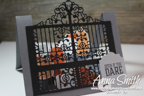 Amazing fancy fold center step or side step Halloween card made with Stampin' Up! Detailed Gate thinlits and Pick a Pumpkin stamp set