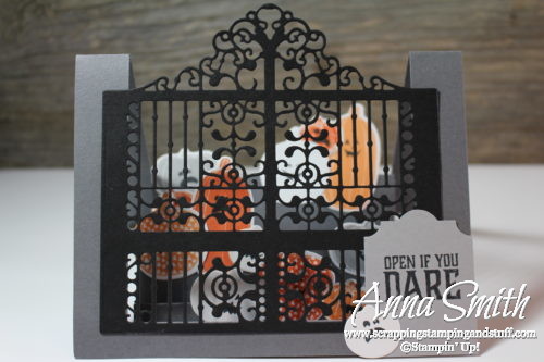 Amazing fancy fold center step or side step Halloween card made with Stampin' Up! Detailed Gate thinlits and Pick a Pumpkin stamp set