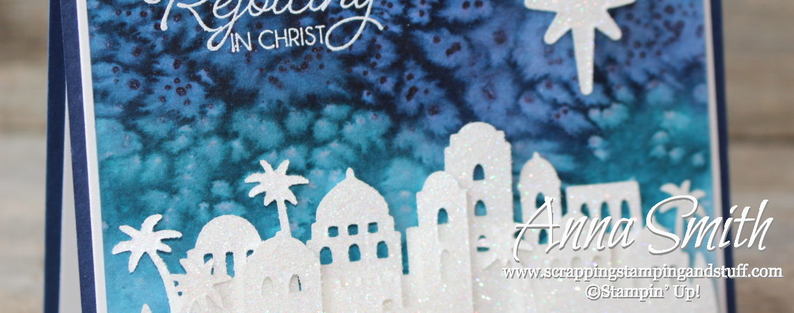Watercolor Christmas Card using Stampin' Up! Night in Bethlehem stamp set and Bethlehem Edgelits Dies - Holiday Catalog 2017