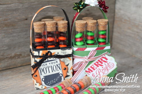 Video tutorial for making these Stampin' Up! test tube carrier treat holders for Halloween and Christmas treats