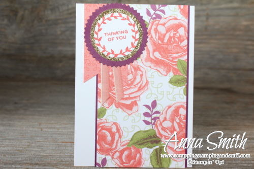 Pretty rose floral thinking of you card idea using the Stampin' Up! Lots of Love stamp set and Petal Garden paper