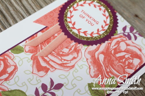 Pretty rose floral thinking of you card idea using the Stampin' Up! Lots of Love stamp set and Petal Garden paper