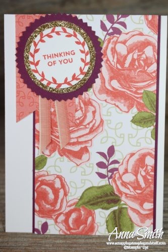Pretty rose floral thinking of you card idea using the Stampin' Up! Lots of Love stamp set and Petal Garden paper
