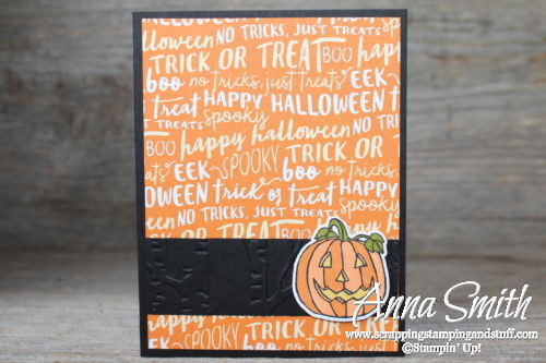 Jack-o-lantern Halloween card made with the Stampin' Up! Seasonal Chums stamp set and Spooky Night designer paper