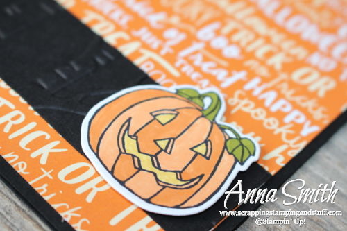 Jack-o-lantern Halloween card made with the Stampin' Up! Seasonal Chums stamp set and Spooky Night designer paper