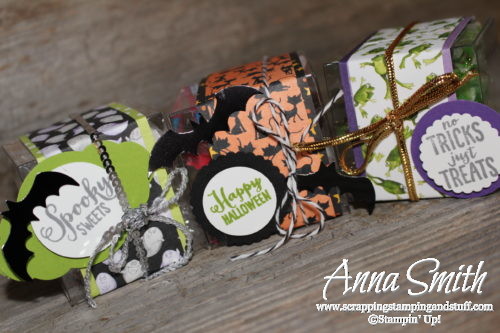 Adorable DIY Halloween treats - Stampin' Up! Spooky Sweets Halloween Treat Boxes with bats, ghosts, witches, cats, and frogs!