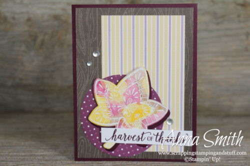 Rustic purple and woodgrain watercolor leaf fall card made with Stampin' Up! Falling For Leaves stamp set