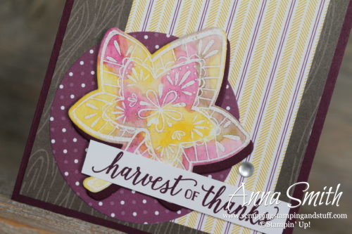 Rustic purple and woodgrain watercolor leaf fall card made with Stampin' Up! Falling For Leaves stamp set