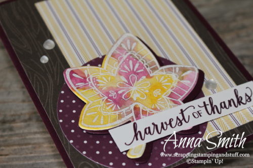 Rustic purple and woodgrain watercolor leaf fall card made with Stampin' Up! Falling For Leaves stamp set