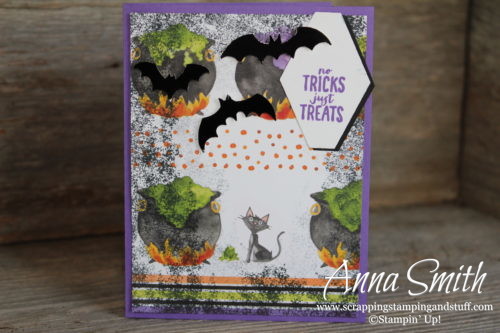 Cute Halloween bat card! No tricks just treats - Stampin' Up! Spooky Sweets stamp set, spooky bats punch, and toil & trouble designer paper. 