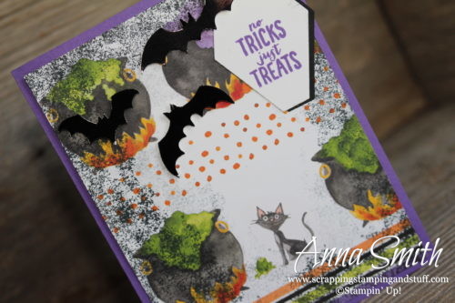 Cute Halloween bat card! No tricks just treats - Stampin' Up! Spooky Sweets stamp set, spooky bats punch, and toil & trouble designer paper. 
