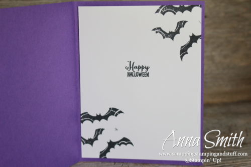 Cute Halloween bat card! No tricks just treats - Stampin' Up! Spooky Sweets stamp set, spooky bats punch, and toil & trouble designer paper. 