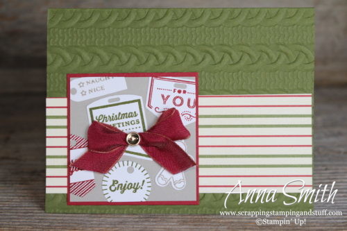 Cute Christmas card made with the Stampin' Up! Tags & Tidings stamp set, cable knit embossing folder and Festive Farmhouse designer series paper