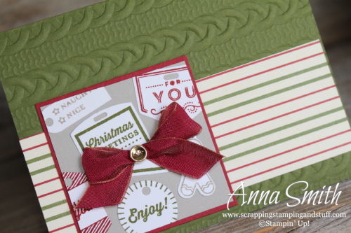 Cute Christmas card made with the Stampin' Up! Tags & Tidings stamp set, cable knit embossing folder and Festive Farmhouse designer series paper