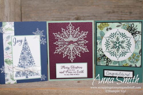 Beautiful Christmas card ideas with the Stampin' Up! Snowflake Showcase Class featuring Happiness Surrounds and Snow Is Glistening stamp sets