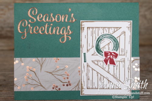 Season's greetings Christmas card with the Stampin' Up! Barn Door and Snowflake Sentiments stamp sets and Sliding Door Framelits