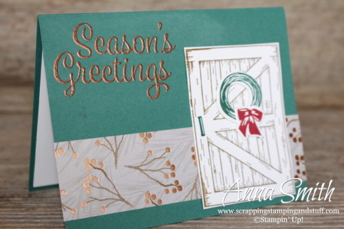 Season's greetings Christmas card with the Stampin' Up! Barn Door and Snowflake Sentiments stamp sets and Sliding Door Framelits