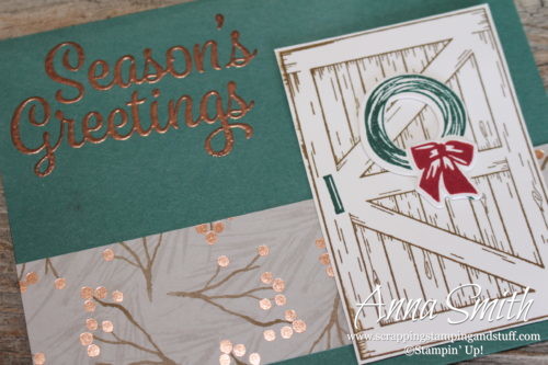 Season's greetings Christmas card with the Stampin' Up! Barn Door and Snowflake Sentiments stamp sets and Sliding Door Framelits