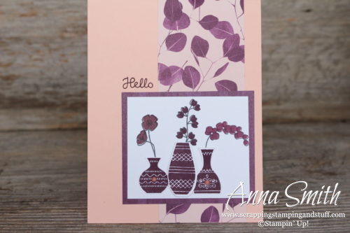 Simple pink and purple hello card made with the Stampin' Up! Varied Vases bundle