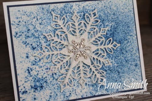 Stampin' Up! Snowflake Showcase snowflake Christmas card idea with the Snowfall thinlits and Snow is Glistening stamp set - using Brusho color crystals
