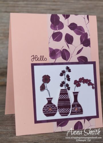 Simple pink and purple hello card made with the Stampin' Up! Varied Vases bundle