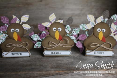 Adorable DIY Thanksgiving turkeys! Use them as a centerpiece, table decoration, or place card holder. Uses Stampin' Up! supplies. Turkey punch art.