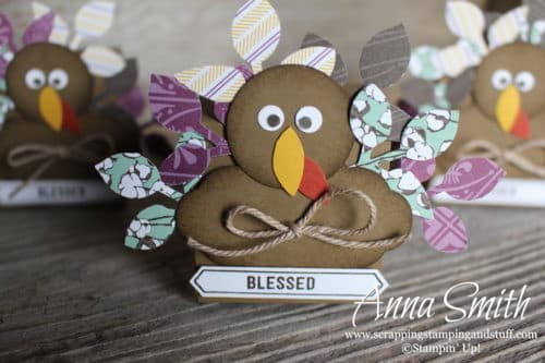 Adorable DIY Thanksgiving turkeys! Use them as a centerpiece, table decoration, or place card holder. Uses Stampin' Up! supplies. Turkey punch art.