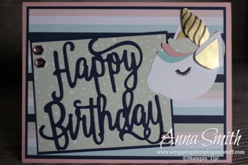 Cute unicorn card idea using the Stampin' Up! Happy Birthday thinlits and Twinkle Twinkle designer paper - unicorn punch art