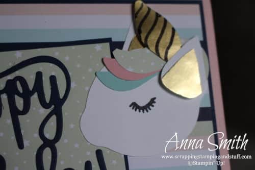 Cute unicorn card idea using the Stampin' Up! Happy Birthday thinlits and Twinkle Twinkle designer paper - unicorn punch art