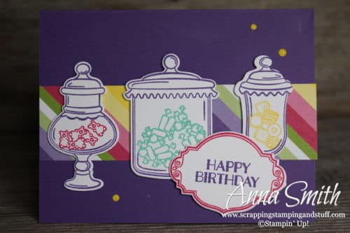 Occasions Catalog Sneak Peeks! Old time candy jar birthday card idea using the Stampin' Up! Sweetest Thing stamp set and Jar of Sweets framelits