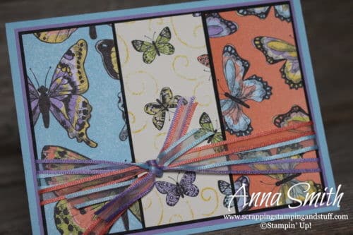 Pretty butterfly card made with the Stampin' Up! Sale-a-bration reward items - organdy ribbon combo pack and Botanical Butterfly designer paper