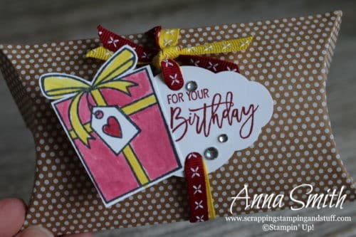 Cute packaging idea using pillow boxes and the Stampin' Up! Birthday Cheer stamp set