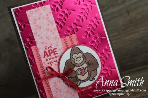 Adorable gorilla Valentine's Day card idea made with the Stampin' Up! Hey Love stamp set, All My Love paper, and Lovely Lipstick Foil