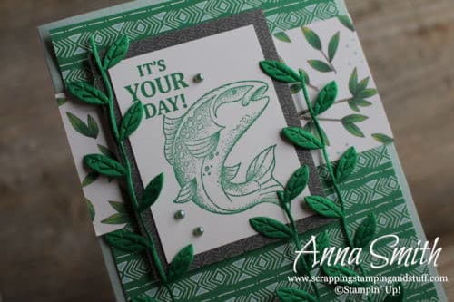 Cute masculine fish birthday card idea using the Stampin' Up! Best Catch stamp set and Animal Expedition designer paper