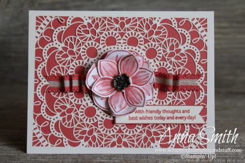 Beautiful Lace Handmade Card Using Stampin' Up! Floral Essence Stamp Set, Perennial Flower Punch, and Bird Ballad Laser-Cut Cards and Tin