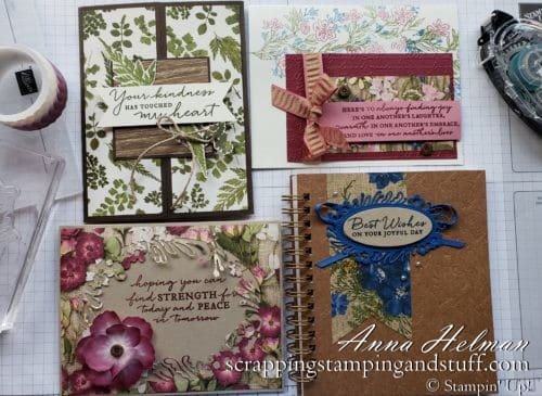 Online stamping class in the mail! Receive the materials to make these beautiful handmade card ideas. Class uses the Stampin Up Pressed Petals product suite, Path of Petals stamp set, Petal Labels dies, and Pressed Petals designer paper.