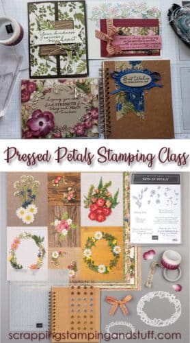 Online stamping class in the mail! Receive the materials to make these beautiful handmade card ideas. Class uses the Stampin Up Pressed Petals product suite, Path of Petals stamp set, Petal Labels dies, and Pressed Petals designer paper.