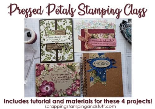 Online stamping class in the mail! Receive the materials to make these beautiful handmade card ideas. Class uses the Stampin Up Pressed Petals product suite, Path of Petals stamp set, Petal Labels dies, and Pressed Petals designer paper.