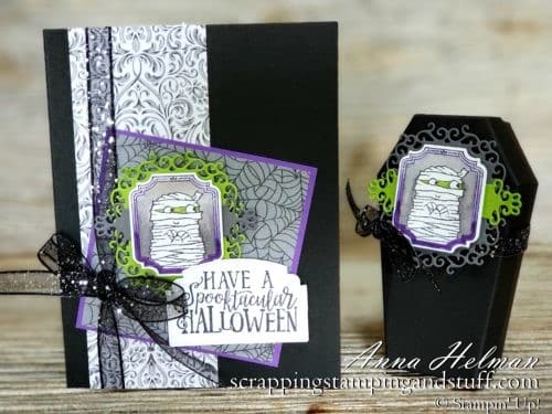 2019 Stampin Up Holiday Catalog Sneak Peek! Stampin Up Spooktacular Bash Halloween card idea and Coffin Treat Boxes!! These would be amazing for a Halloween party or Halloween treats!