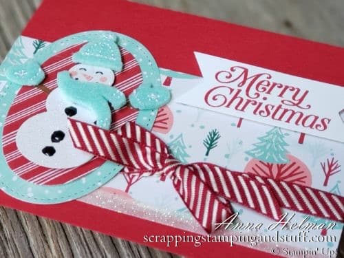 Adorable snowman Christmas card idea using the new Stampin' Up! Snowman Builder Punch and Let It Snow designer paper in the 2019 Holiday Catalog.