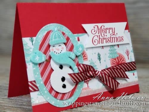 Adorable snowman Christmas card idea using the new Stampin' Up! Snowman Builder Punch and Let It Snow designer paper in the 2019 Holiday Catalog.