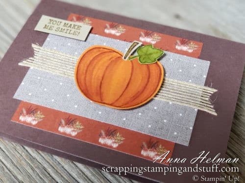 Fall pumpkin card idea made with the Stampin Up Harvest Hellos stamp set and Apple Builder Punch. It's rustic and farmhouse style!
