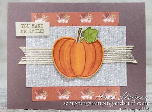 Fall pumpkin card idea made with the Stampin Up Harvest Hellos stamp set and Apple Builder Punch. It's rustic and farmhouse style!