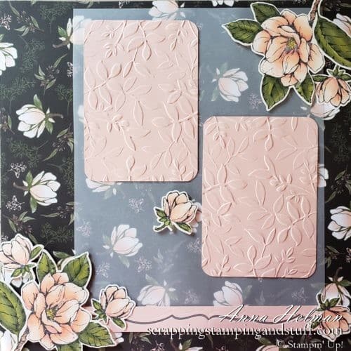 Gorgeous floral scrapbook page idea using the Stampin Up Good Morning Magnolia stamp set and Magnolia Lane designer paper